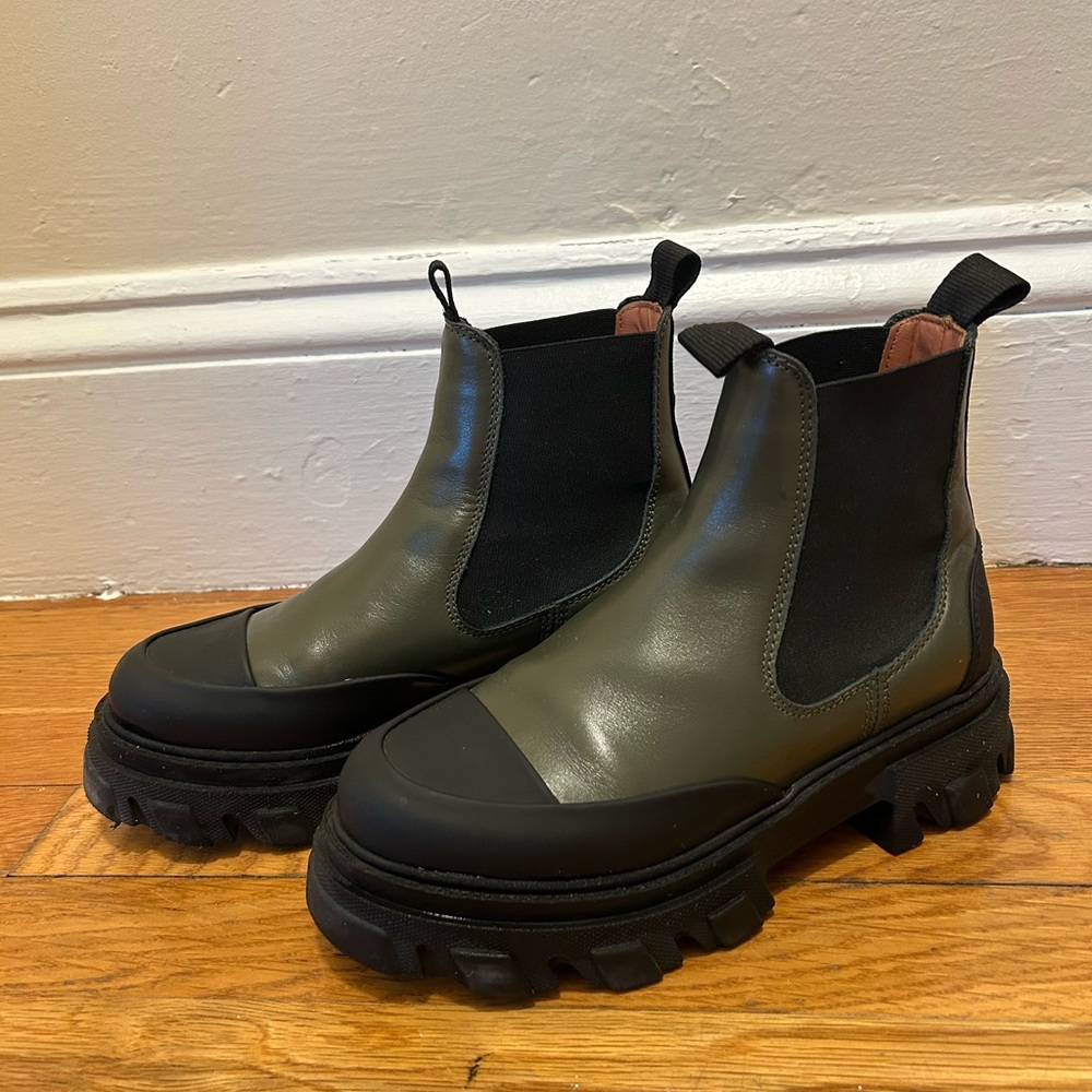 Ganni Olive Green and Black Chunky Lugsole Boots